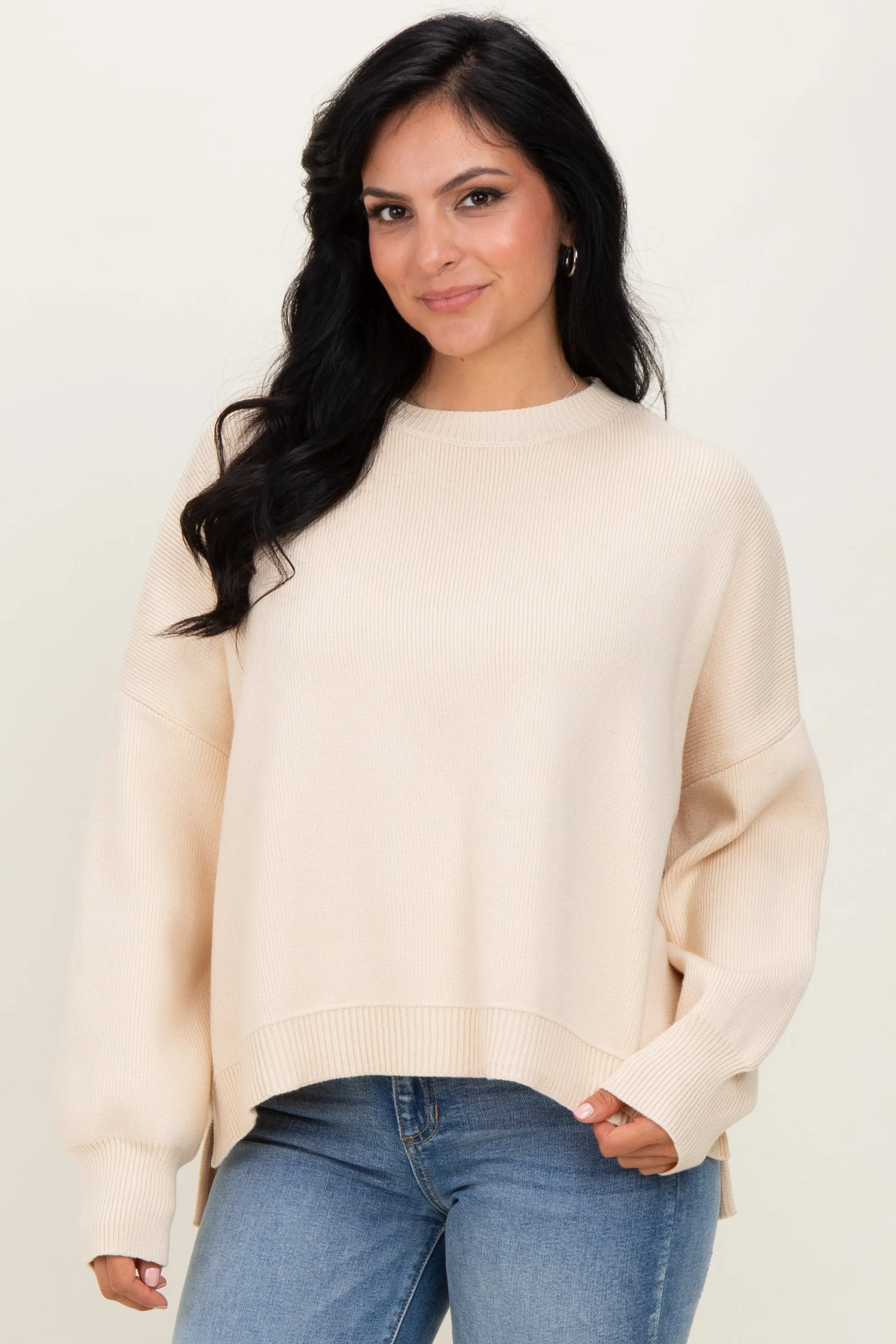 Cream Drop Shoulder Relaxed Fit Sweater sold by Pinkblush