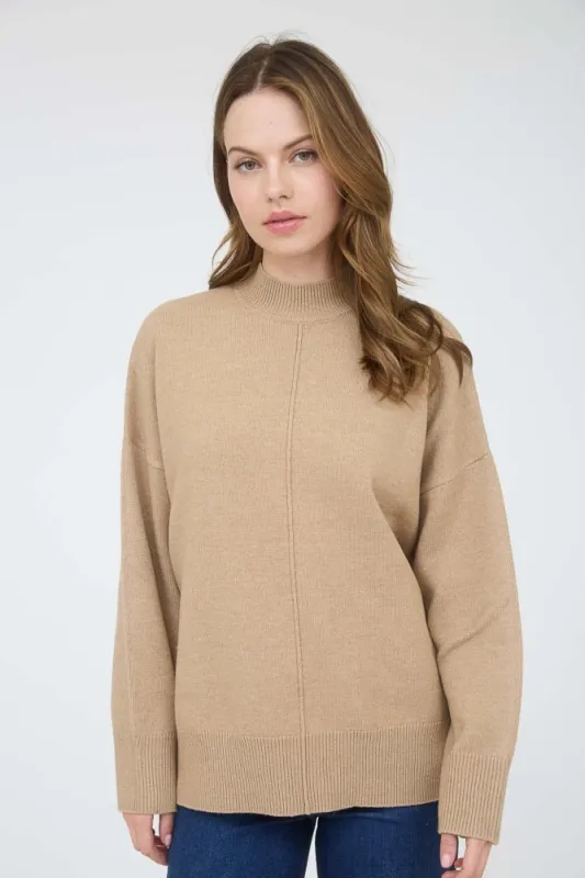 Camel Front Seam Mock Neck Sweater sold by Pinkblush