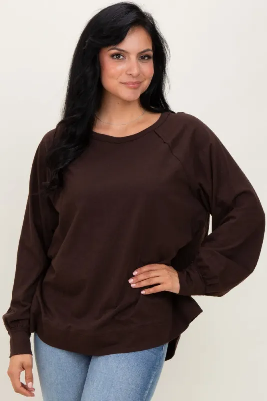 Brown Oversized Cotton Slub Long Sleeve Top sold by Pinkblush