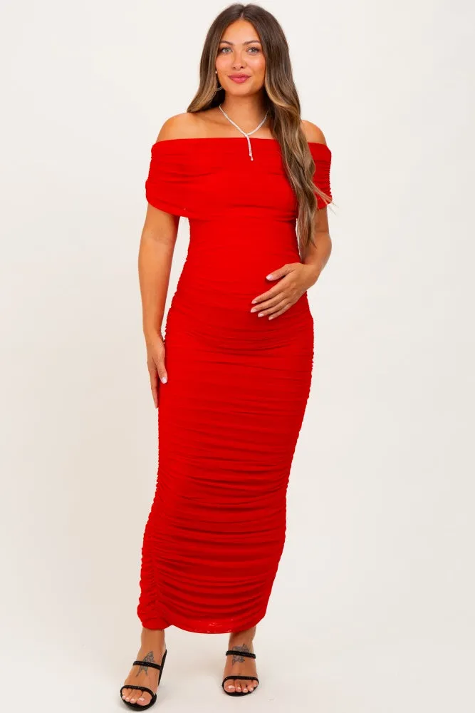 Red Ruched Mesh Foldover Off Shoulder Maternity Maxi Dress sold by Pinkblush