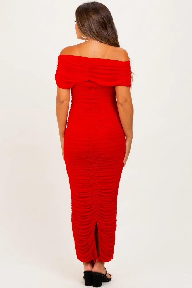 Red Ruched Mesh Foldover Off Shoulder Maternity Maxi Dress sold by Pinkblush product image thumbnail 3