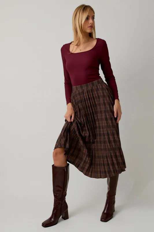 Brown Plaid Pleated Midi Skirt sold by Pinkblush