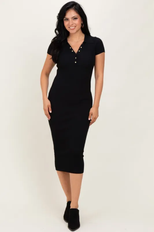 Black Ribbed Knit Midi Polo Dress made by Moon River