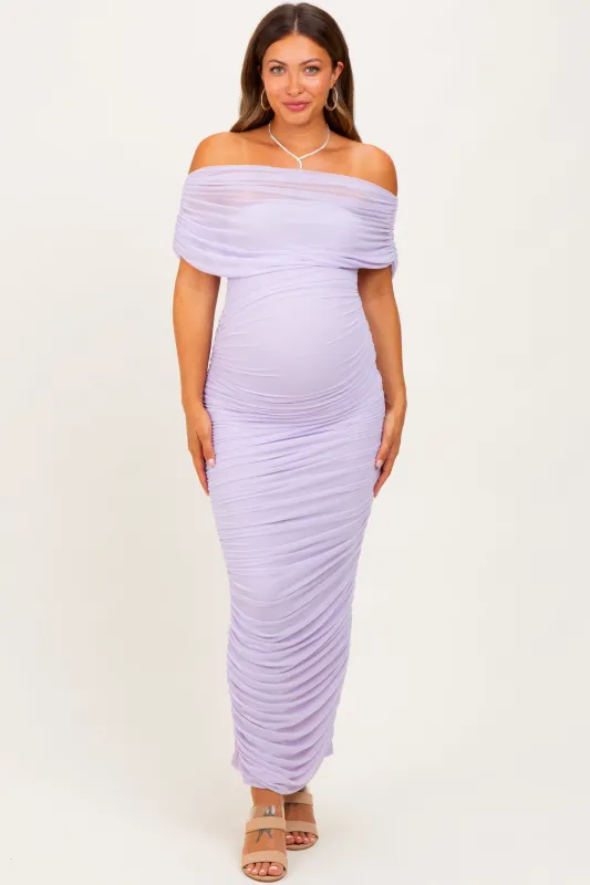 Lavender Ruched Mesh Foldover Off Shoulder Maternity Maxi Dress sold by Pinkblush