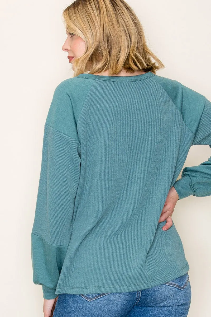 Teal Ribbed Bubble Sleeve Top sold by Pinkblush product image thumbnail 3