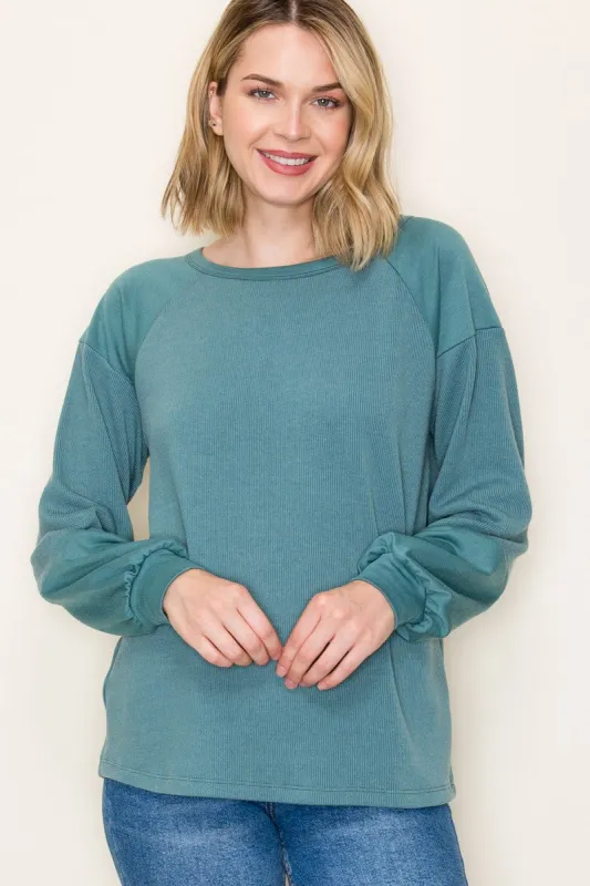 Teal Ribbed Bubble Sleeve Top sold by Pinkblush