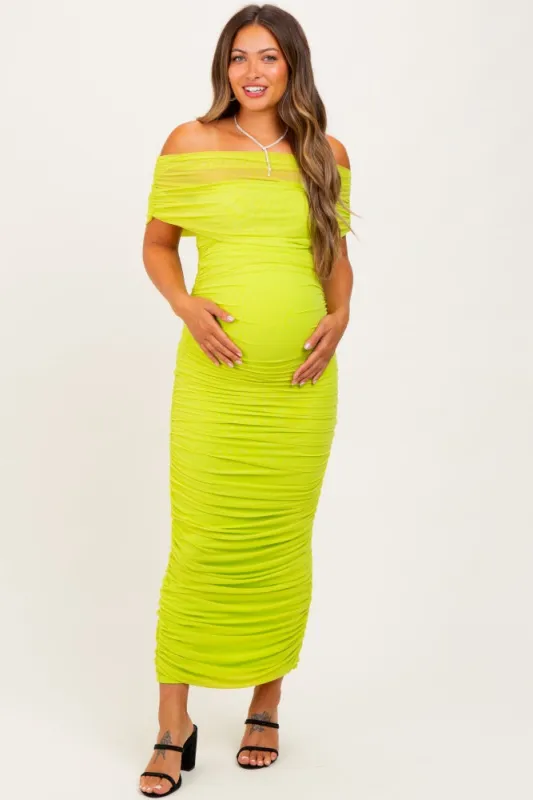 Lime Ruched Mesh Foldover Off Shoulder Maternity Maxi Dress sold by Pinkblush