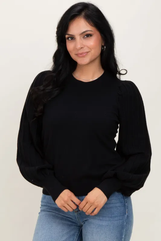 Black Ribbed Bubble Sleeve Knit Top sold by Pinkblush