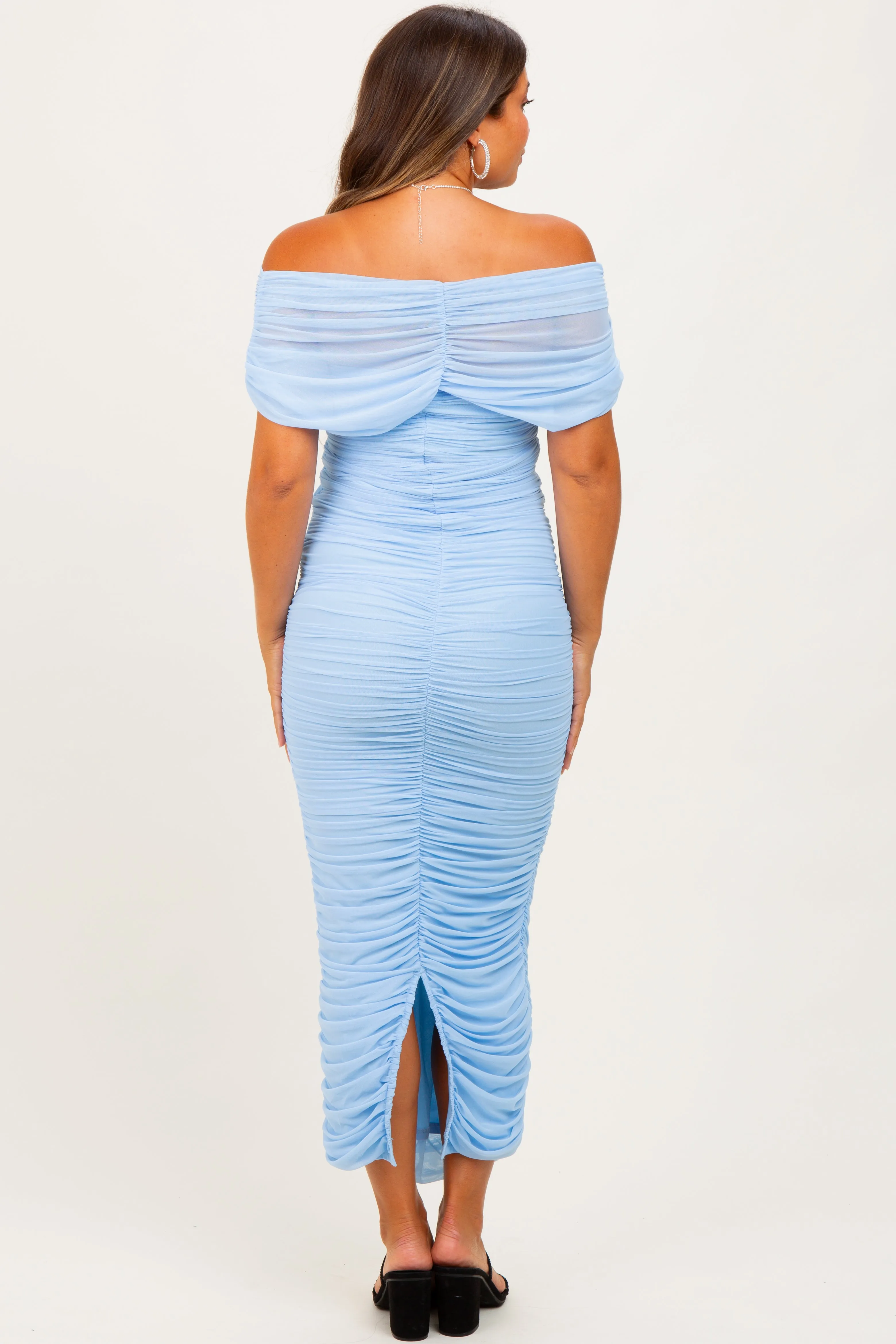 Light Blue Ruched Mesh Foldover Off Shoulder Maternity Maxi Dress sold by Pinkblush product image thumbnail 4