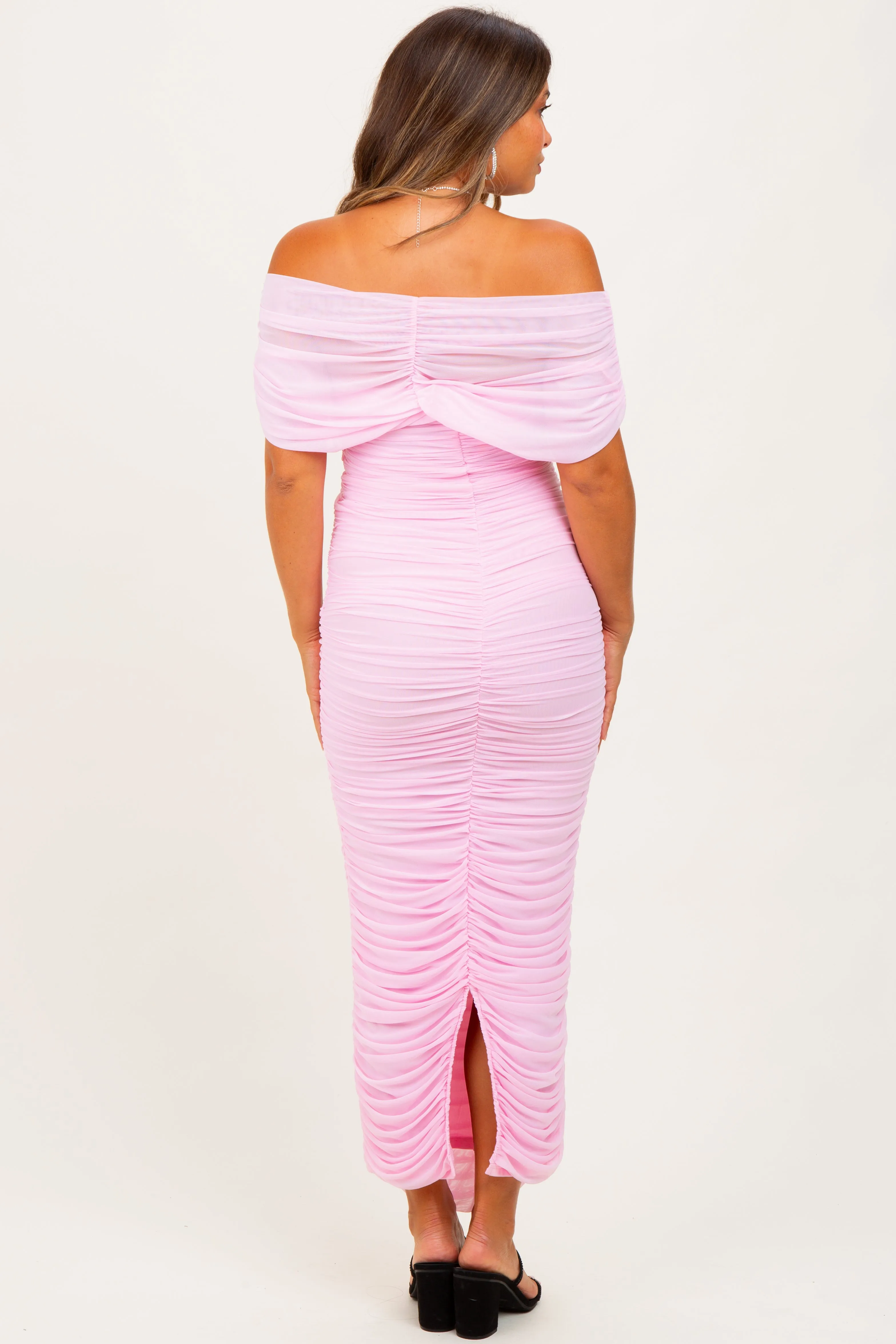 Light Pink Ruched Mesh Foldover Off Shoulder Maternity Maxi Dress sold by Pinkblush product image thumbnail 4