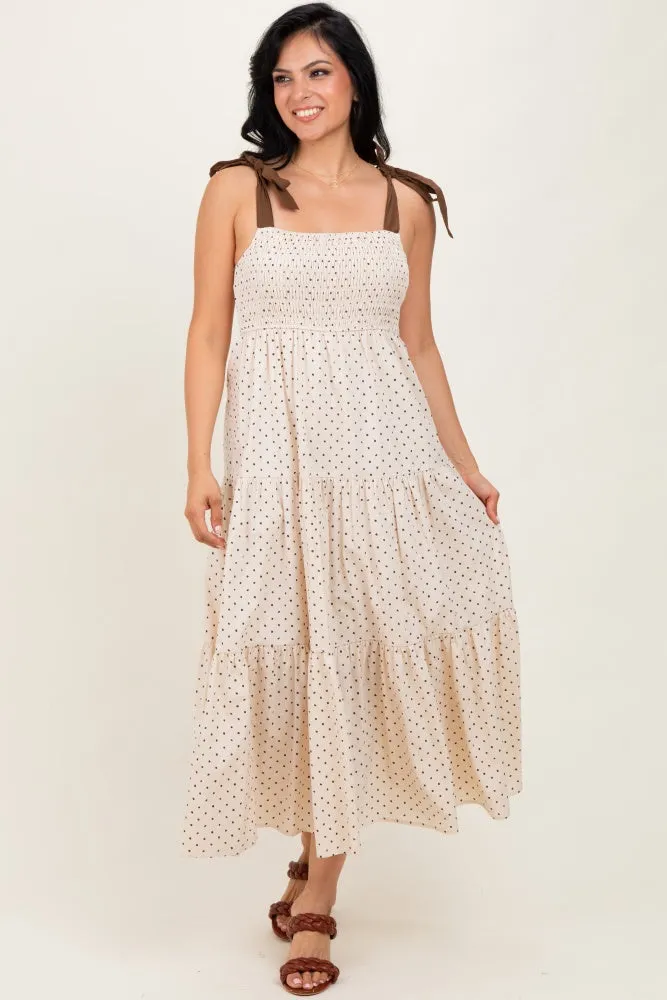 Cream Polka Dot Tiered Shoulder Tie Midi Dress sold by Pinkblush product image thumbnail 3