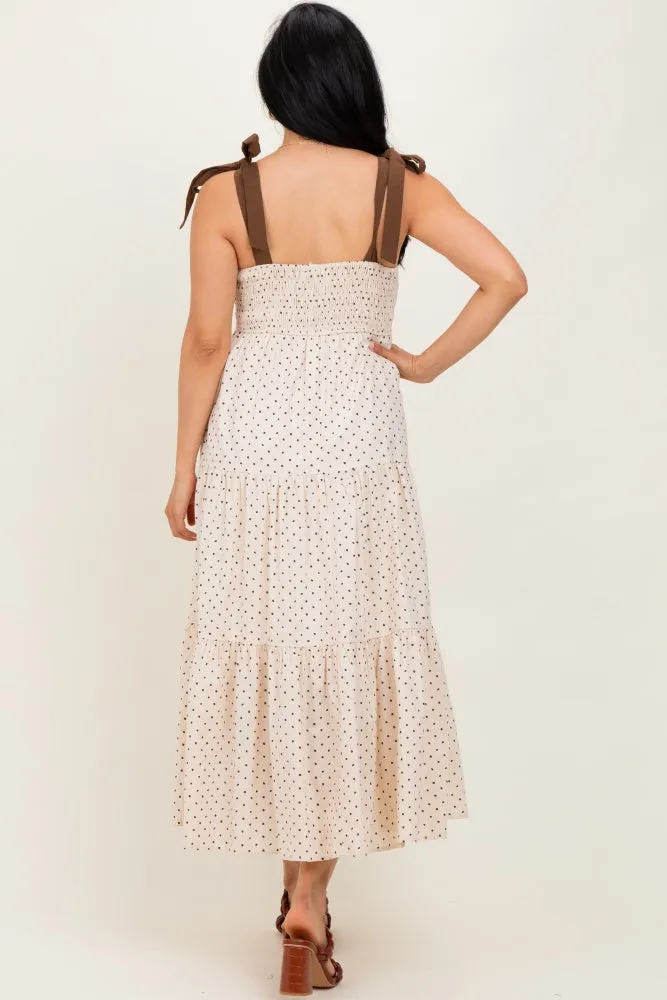 Cream Polka Dot Tiered Shoulder Tie Midi Dress sold by Pinkblush product image thumbnail 4