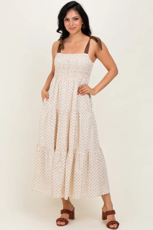 Cream Polka Dot Tiered Shoulder Tie Midi Dress sold by Pinkblush