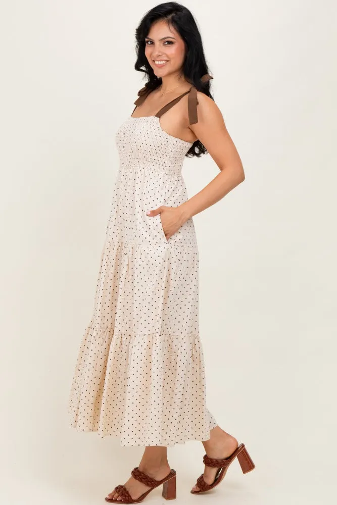 Cream Polka Dot Tiered Shoulder Tie Midi Dress sold by Pinkblush product image thumbnail 2