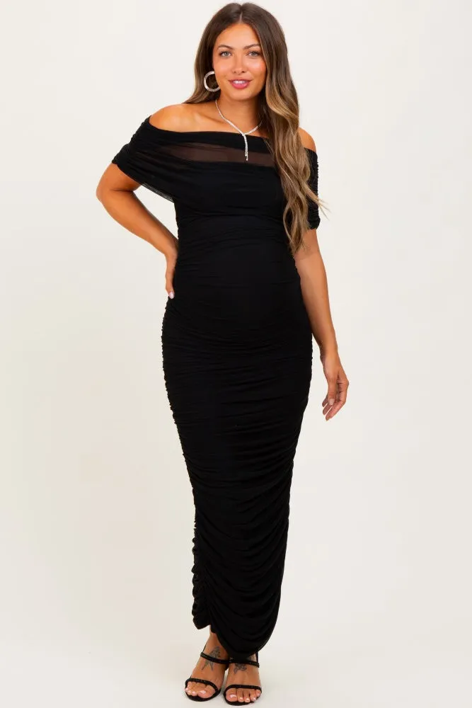 Black Ruched Mesh Foldover Off Shoulder Maternity Maxi Dress sold by Pinkblush product image thumbnail 2