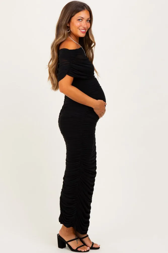 Black Ruched Mesh Foldover Off Shoulder Maternity Maxi Dress sold by Pinkblush product image thumbnail 3