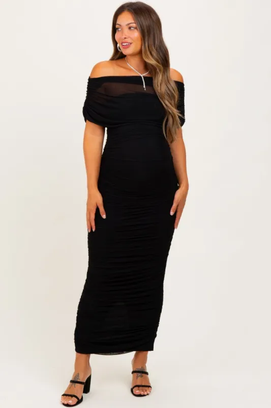 Black Ruched Mesh Foldover Off Shoulder Maternity Maxi Dress sold by Pinkblush