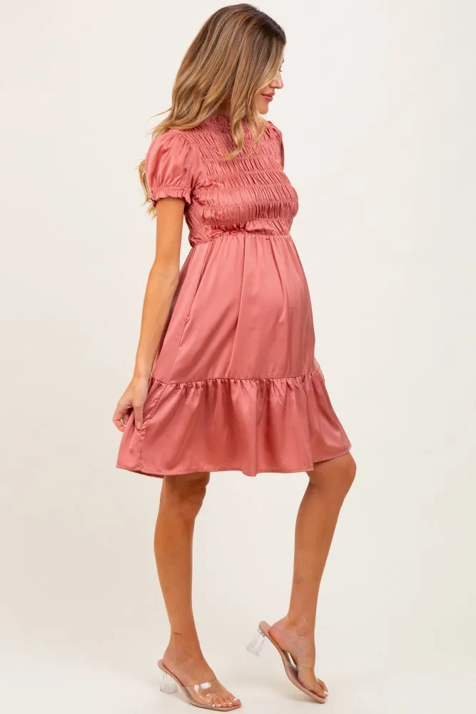 Mauve Satin Smocked Mock Neck Maternity Dress sold by Pinkblush product image thumbnail 3