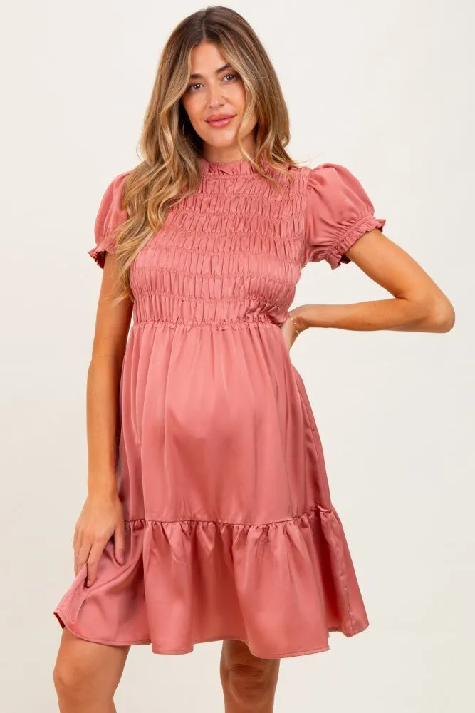 Mauve Satin Smocked Mock Neck Maternity Dress sold by Pinkblush product image thumbnail 2