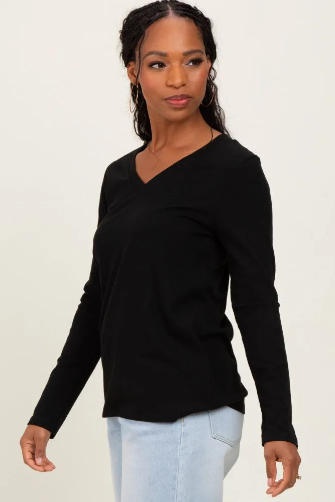 Black Ribbed Knit V-Neck Long Sleeve Top sold by Pinkblush product image thumbnail 3