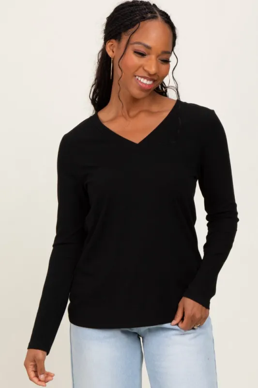 Black Ribbed Knit V-Neck Long Sleeve Top sold by Pinkblush