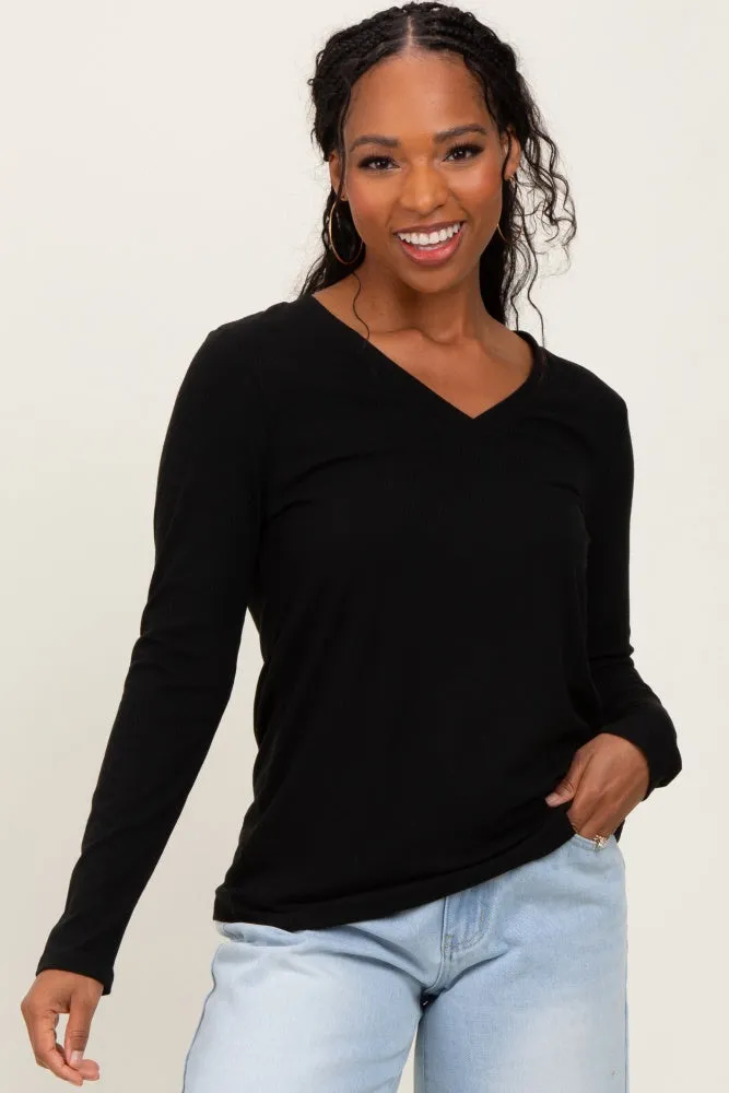 Black Ribbed Knit V-Neck Long Sleeve Top sold by Pinkblush product image thumbnail 2