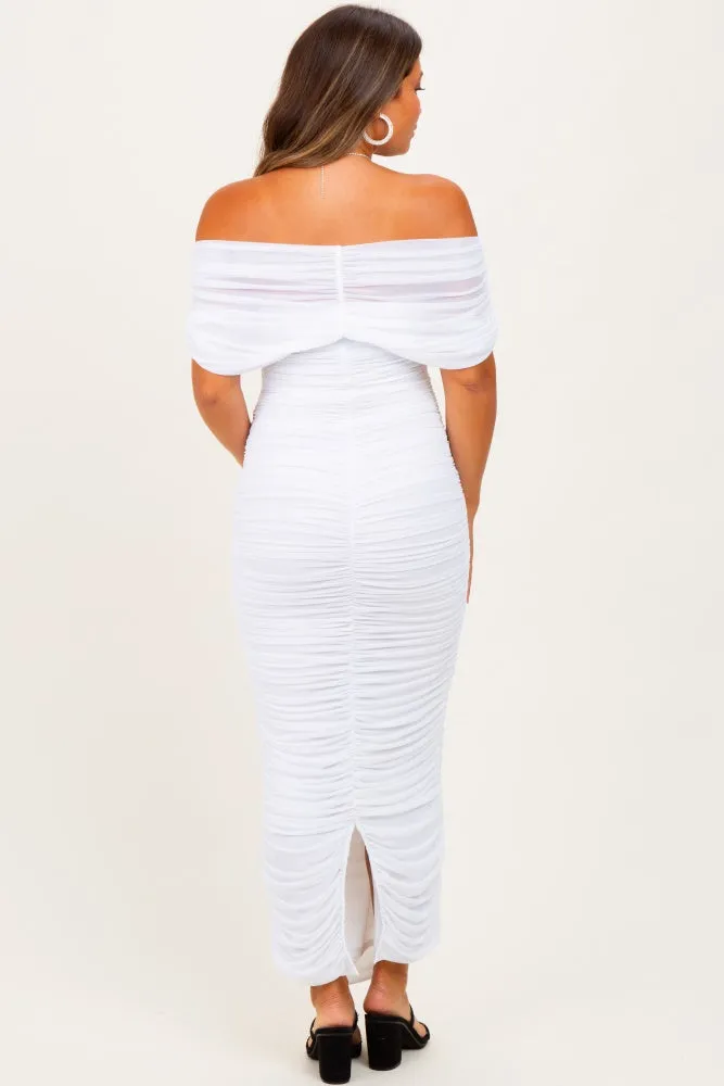 White Ruched Mesh Foldover Off Shoulder Maternity Maxi Dress sold by Pinkblush product image thumbnail 3