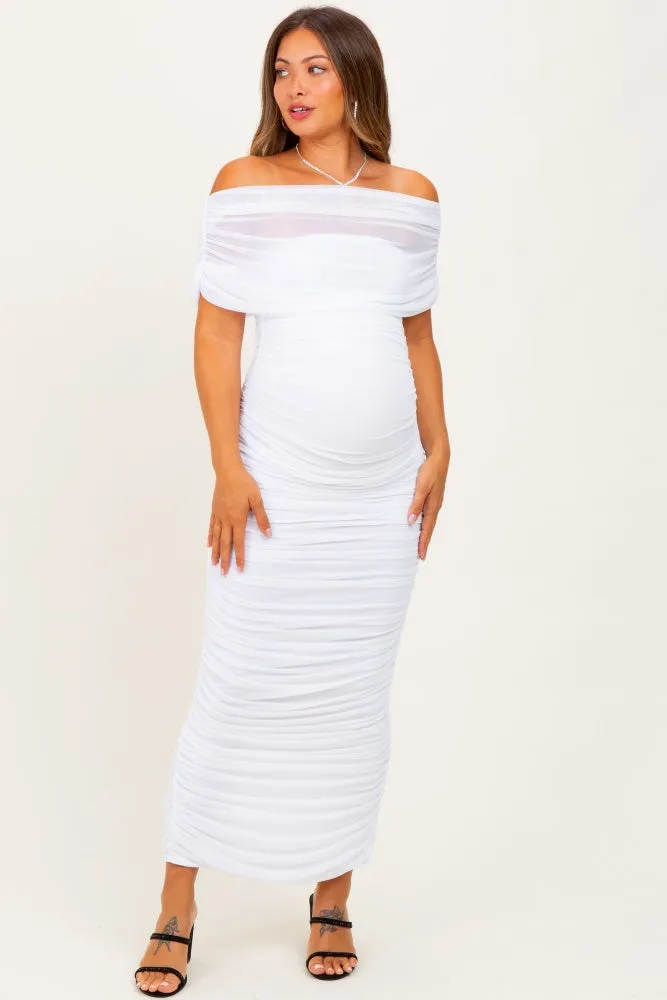 White Ruched Mesh Foldover Off Shoulder Maternity Maxi Dress sold by Pinkblush