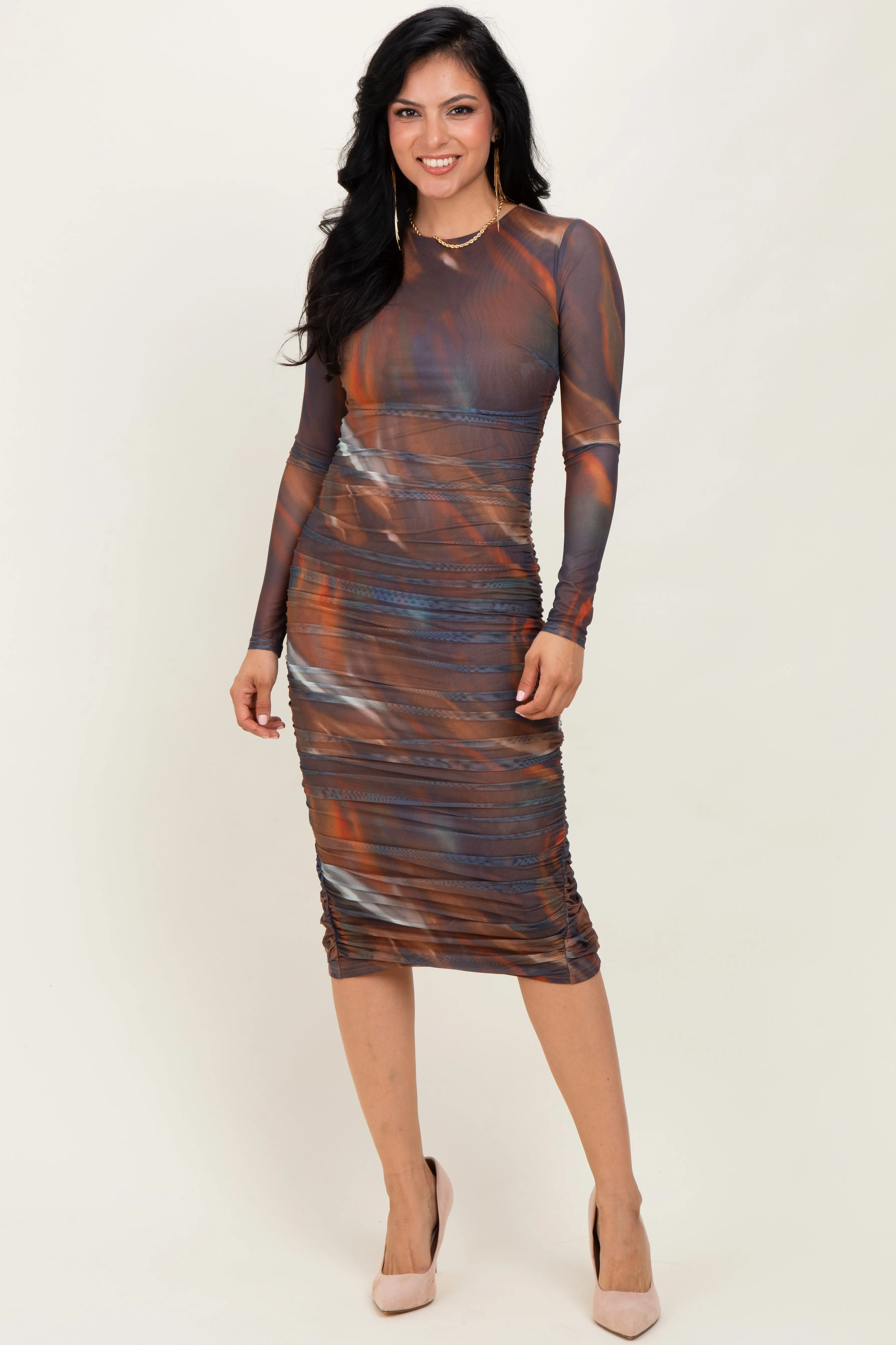 Multicolor Printed Mesh Ruched Long Sleeve Maternity Midi Dress sold by Pinkblush product image thumbnail 4