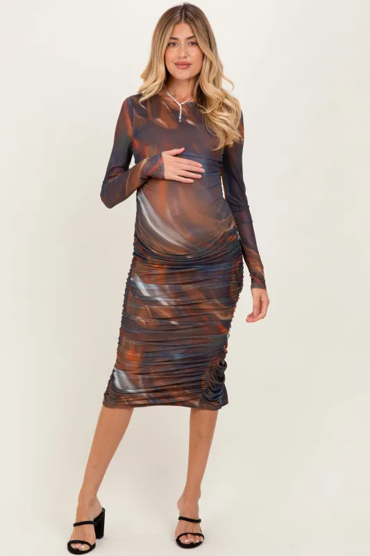 Multicolor Printed Mesh Ruched Long Sleeve Maternity Midi Dress sold by Pinkblush