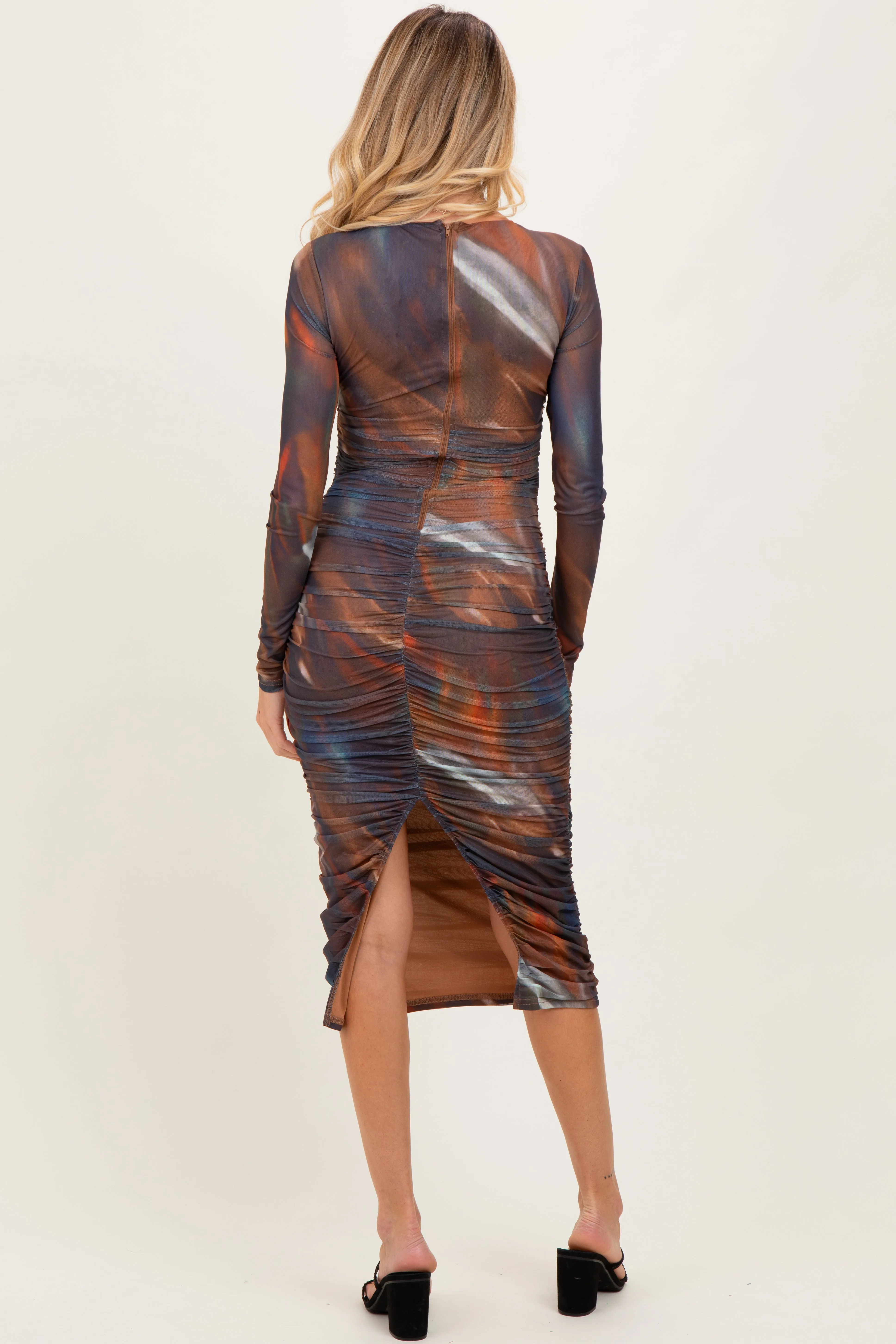 Multicolor Printed Mesh Ruched Long Sleeve Maternity Midi Dress sold by Pinkblush product image thumbnail 3