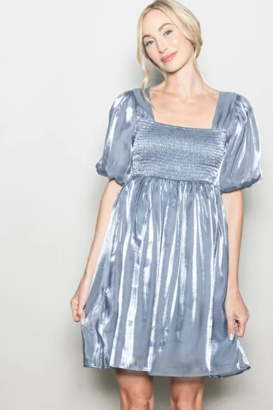Silver Organza Smocked Puff Sleeve Mini Dress sold by Pinkblush