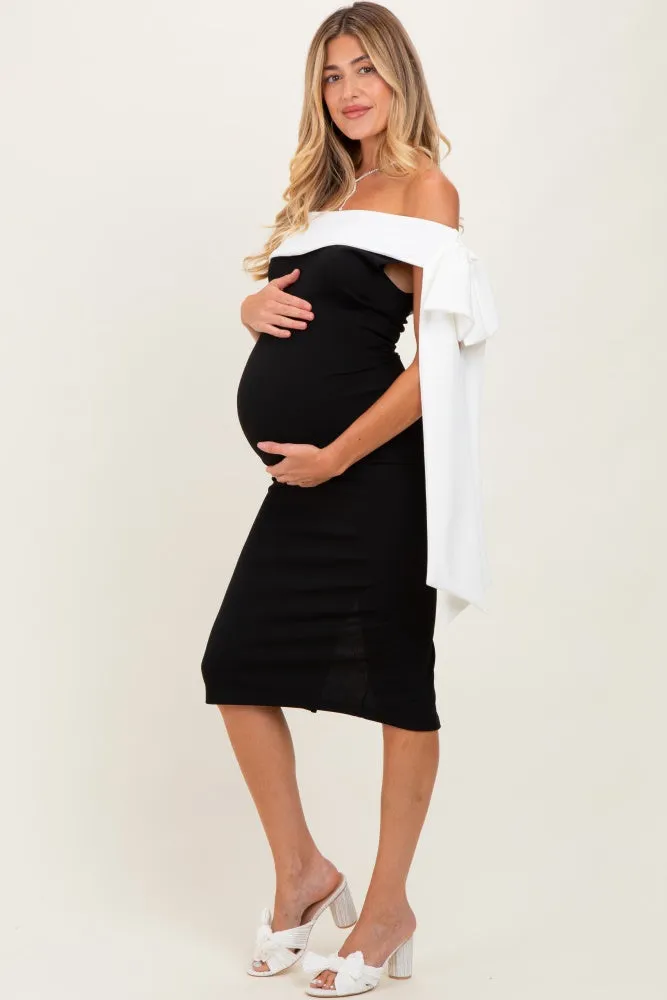 Black Oversized Bow One Shoulder Maternity Midi Dress sold by Pinkblush product image thumbnail 3