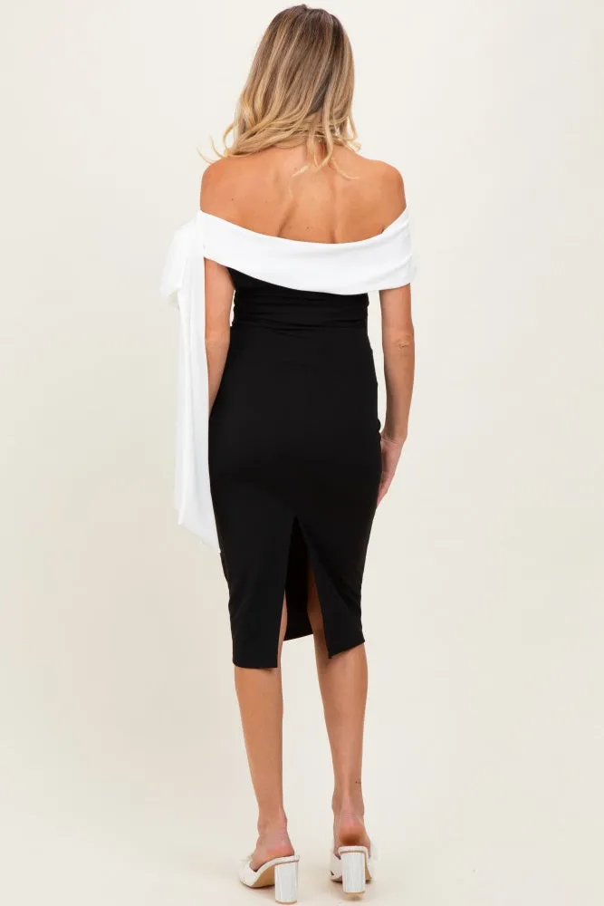 Black Oversized Bow One Shoulder Maternity Midi Dress sold by Pinkblush product image thumbnail 4