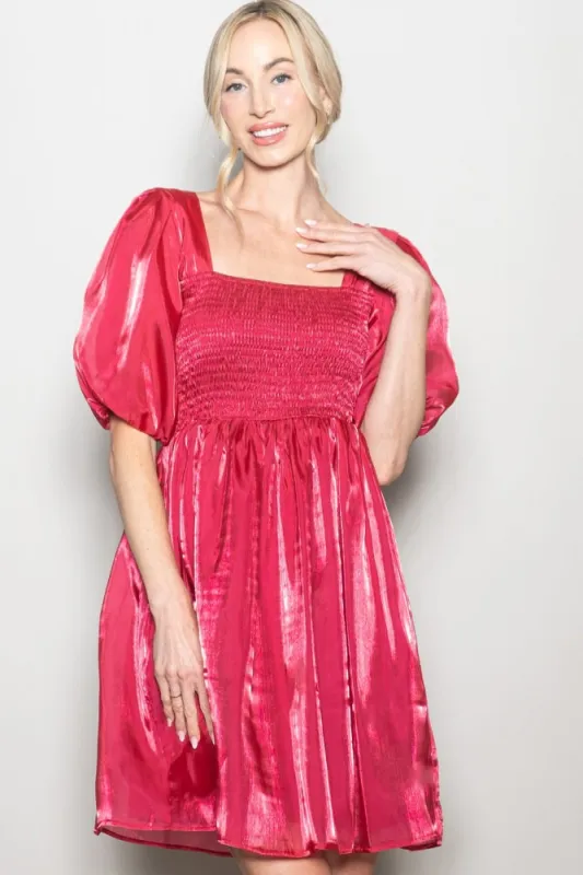 Red Organza Smocked Puff Sleeve Mini Dress sold by Pinkblush
