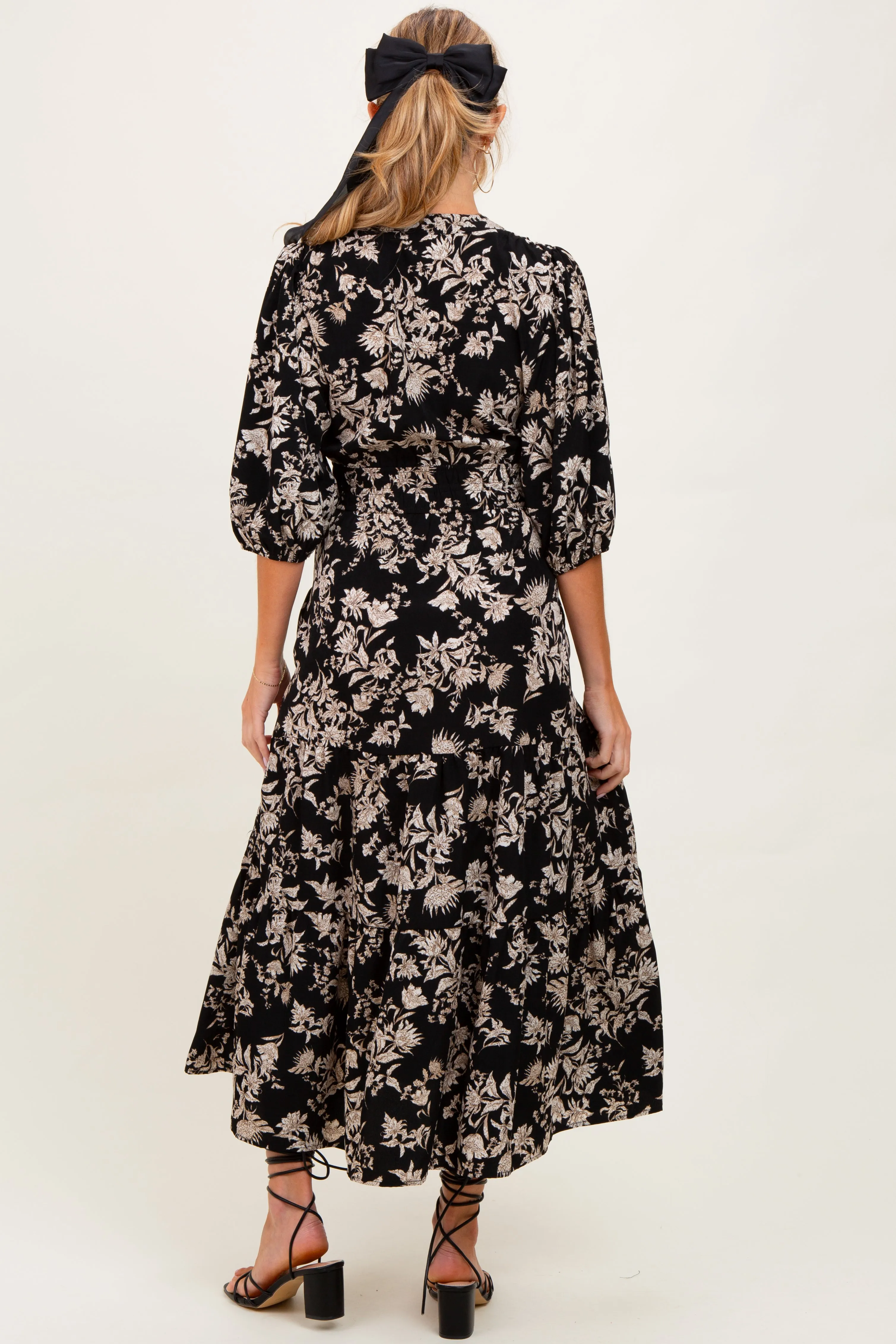 Black Floral 3/4 Sleeve Smocked Waist Maternity Midi Dress sold by Pinkblush product image thumbnail 2