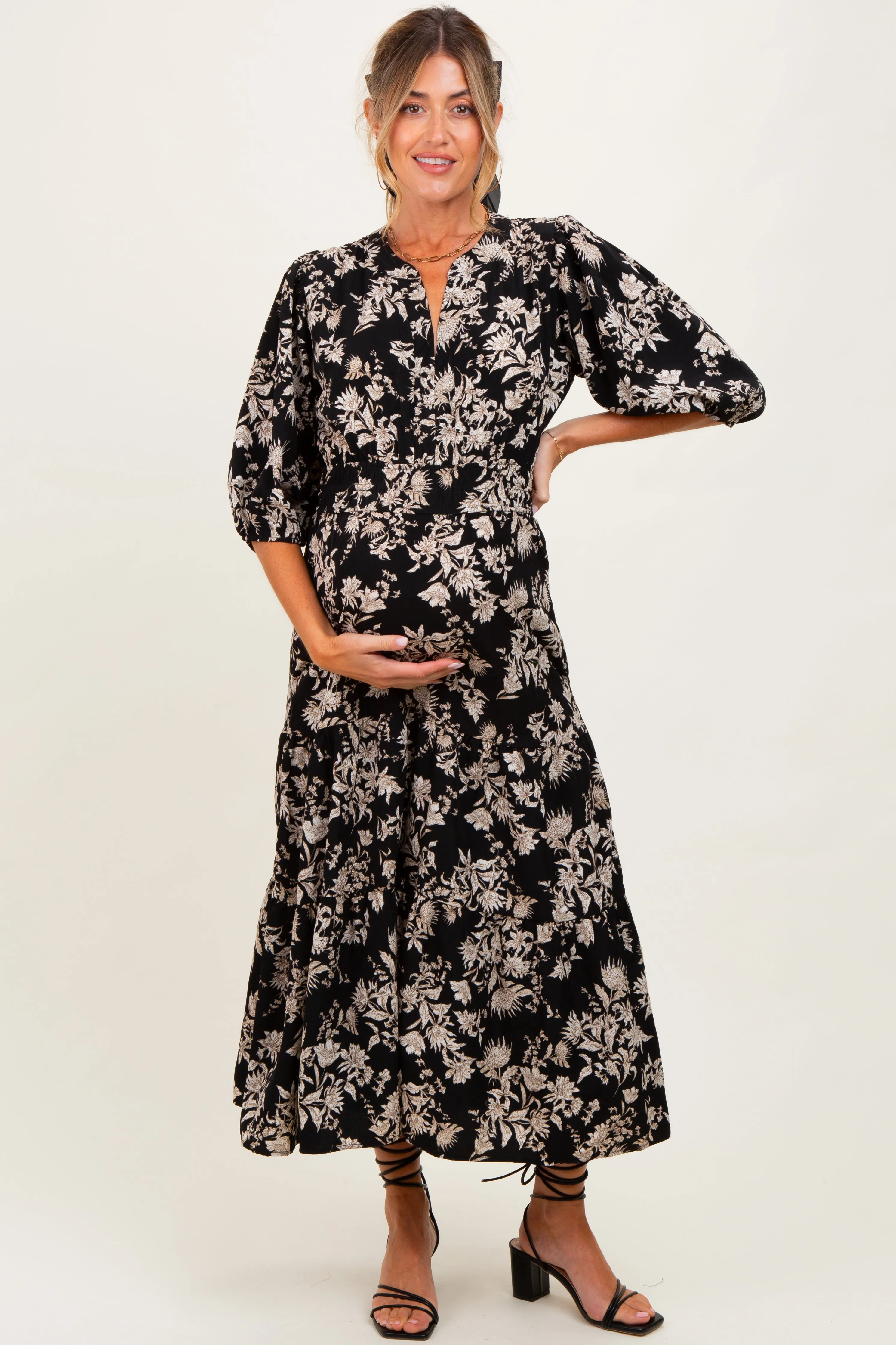 Black Floral 3/4 Sleeve Smocked Waist Maternity Midi Dress sold by Pinkblush