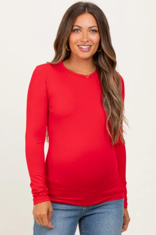 Red Basic Long Sleeve Maternity Top sold by Pinkblush