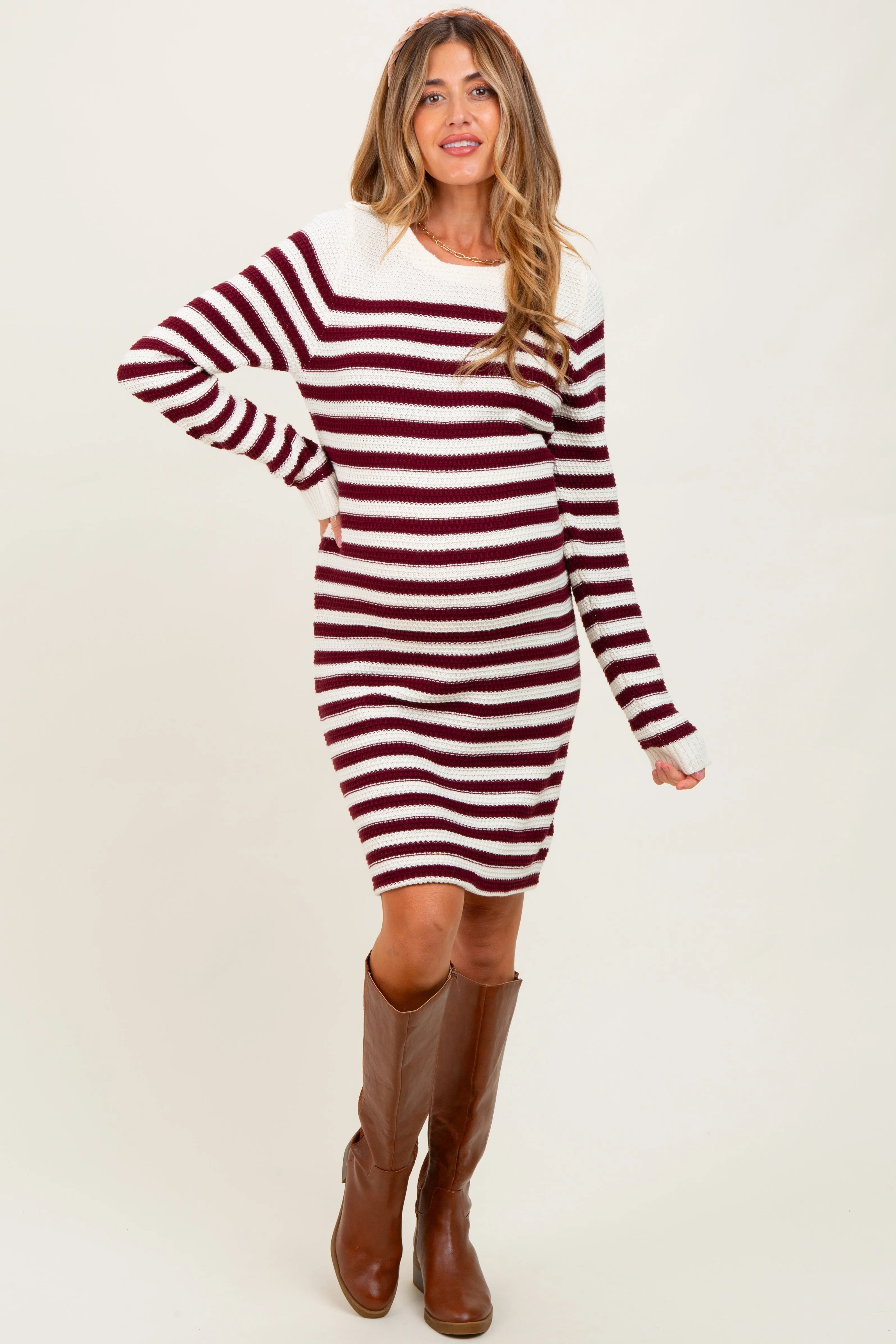 Burgundy Striped Button Accent Maternity Mini Sweater Dress sold by Pinkblush