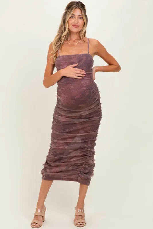 Mauve Printed Metallic Ruched Maternity Midi Dress sold by Pinkblush