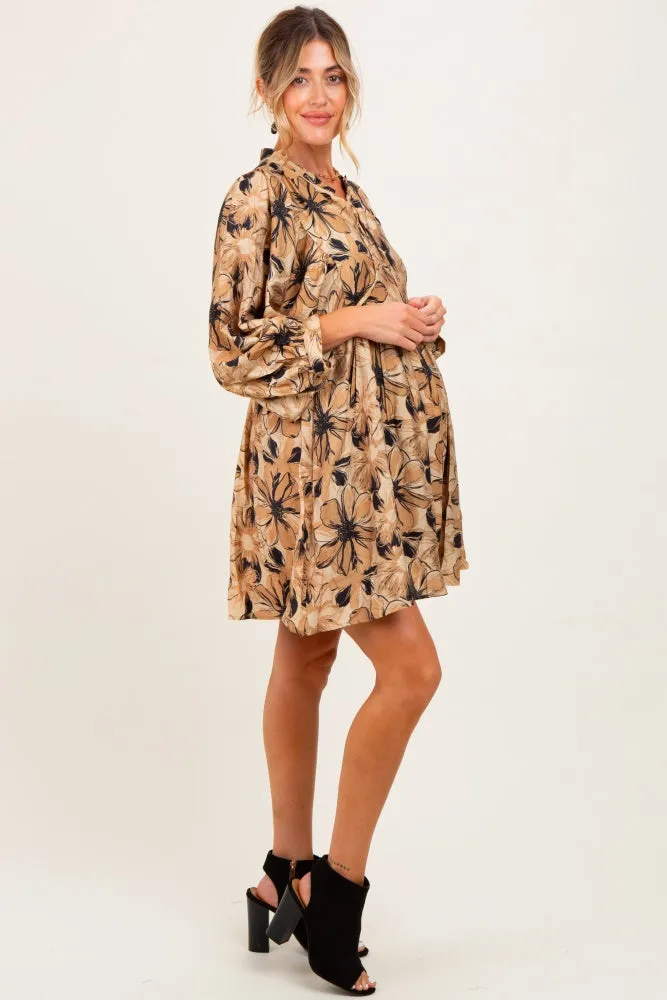 Camel Floral Front Tie Bubble Sleeve Maternity Mini Dress sold by Pinkblush product image thumbnail 3