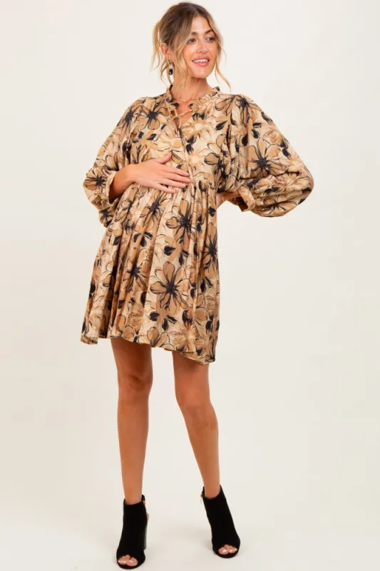 Camel Floral Front Tie Bubble Sleeve Maternity Mini Dress sold by Pinkblush
