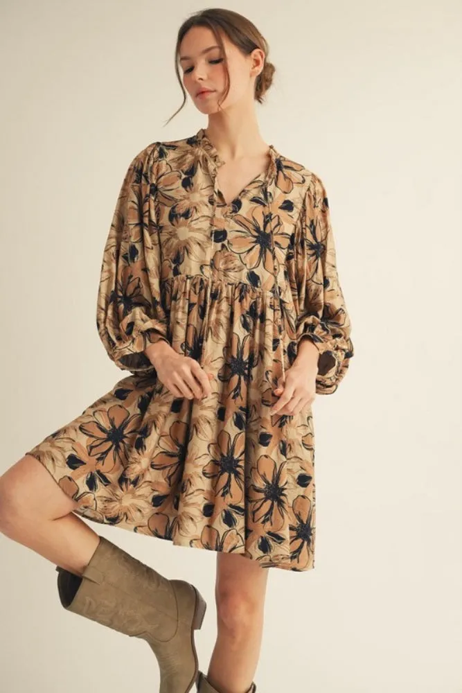 Camel Floral Front Tie Bubble Sleeve Maternity Mini Dress sold by Pinkblush product image thumbnail 5