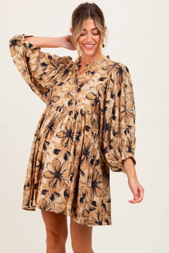 Camel Floral Front Tie Bubble Sleeve Maternity Mini Dress sold by Pinkblush product image thumbnail 2