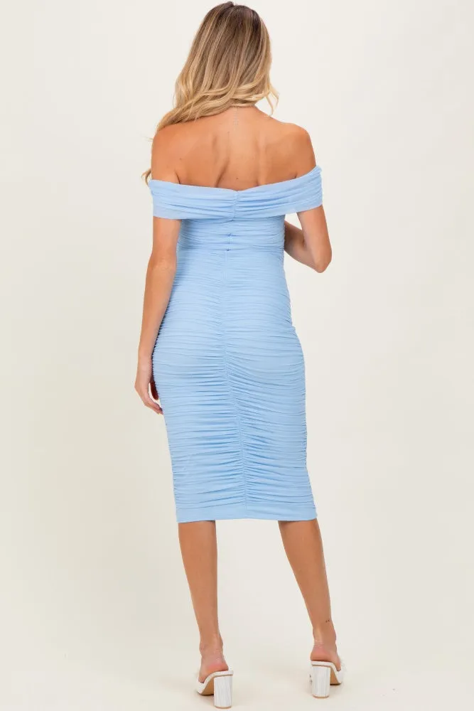 Light Blue Mesh Off Shoulder Twist Front Maternity Midi Dress sold by Pinkblush product image thumbnail 3