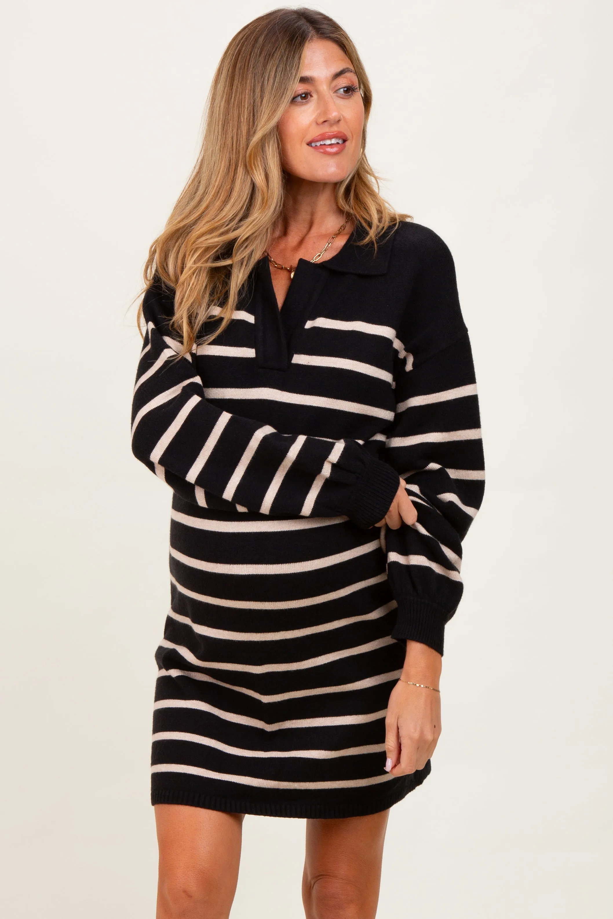 Black Striped Knit Maternity Polo Sweater Dress sold by Pinkblush product image thumbnail 2