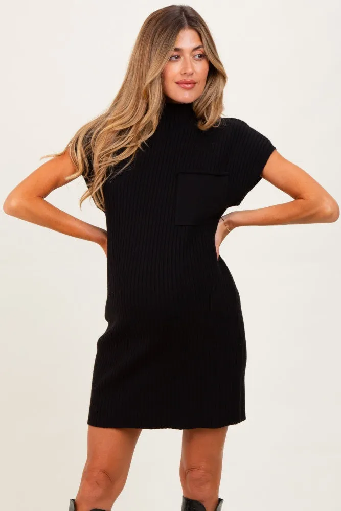 Black Ribbed Knit Maternity Short Sleeve Sweater Dress sold by Pinkblush product image thumbnail 2