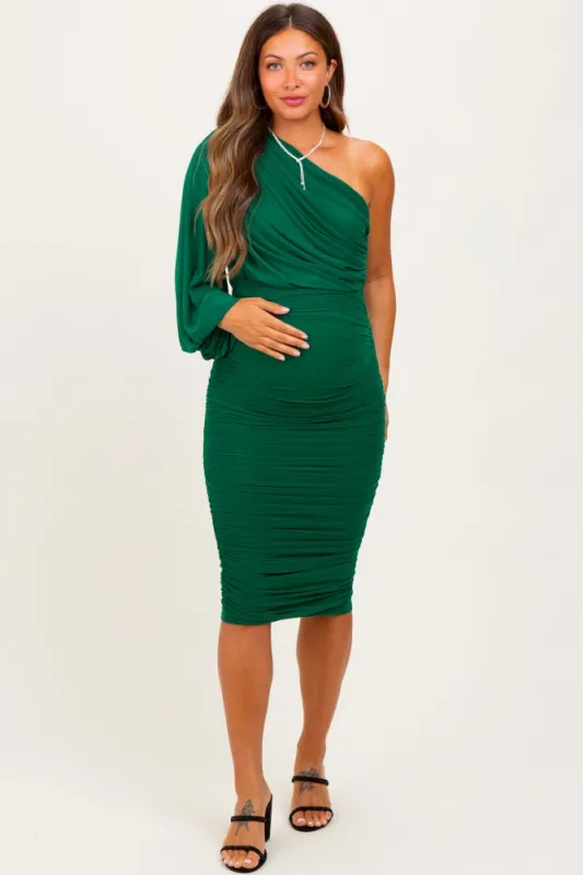 Forest Green Ruched Mesh One Shoulder Long Sleeve Maternity Midi Dress sold by Pinkblush