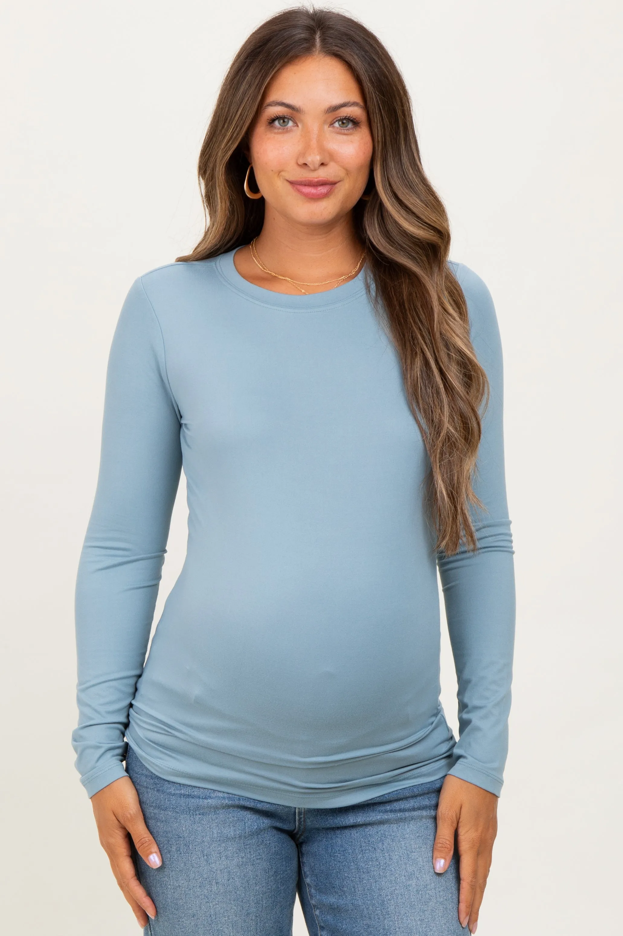 Blue Grey Basic Long Sleeve Maternity Top sold by Pinkblush