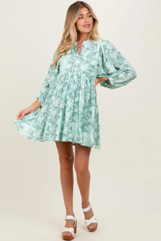 Light Olive Floral Front Tie Bubble Sleeve Maternity Mini Dress sold by Pinkblush